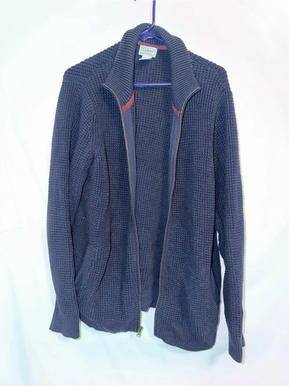 L.L.Bean Organic Cotton Full Zip Chunky Knit Cardigan Sweater Navy XL